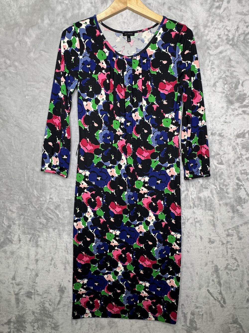 Talbots Dress Womens XS Multicolor Floral 3/4 Sleeve Scoop Neck Sheath Stretch